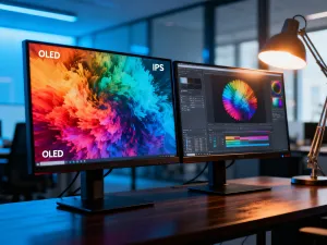 Dwa monitory obok siebie prezentujące różnice w nasyceniu kolorów i kontraście między technologią OLED a QD-OLED.