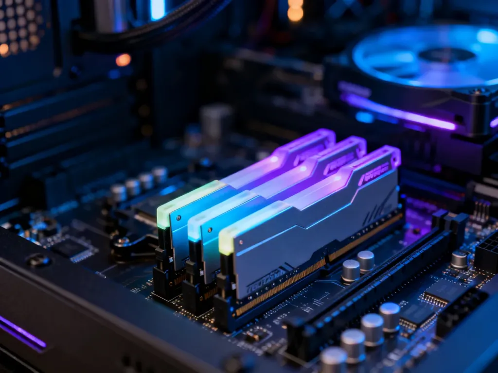 Pamięci RAM z podświetleniem RGB zamontowane na płycie głównej komputera.
