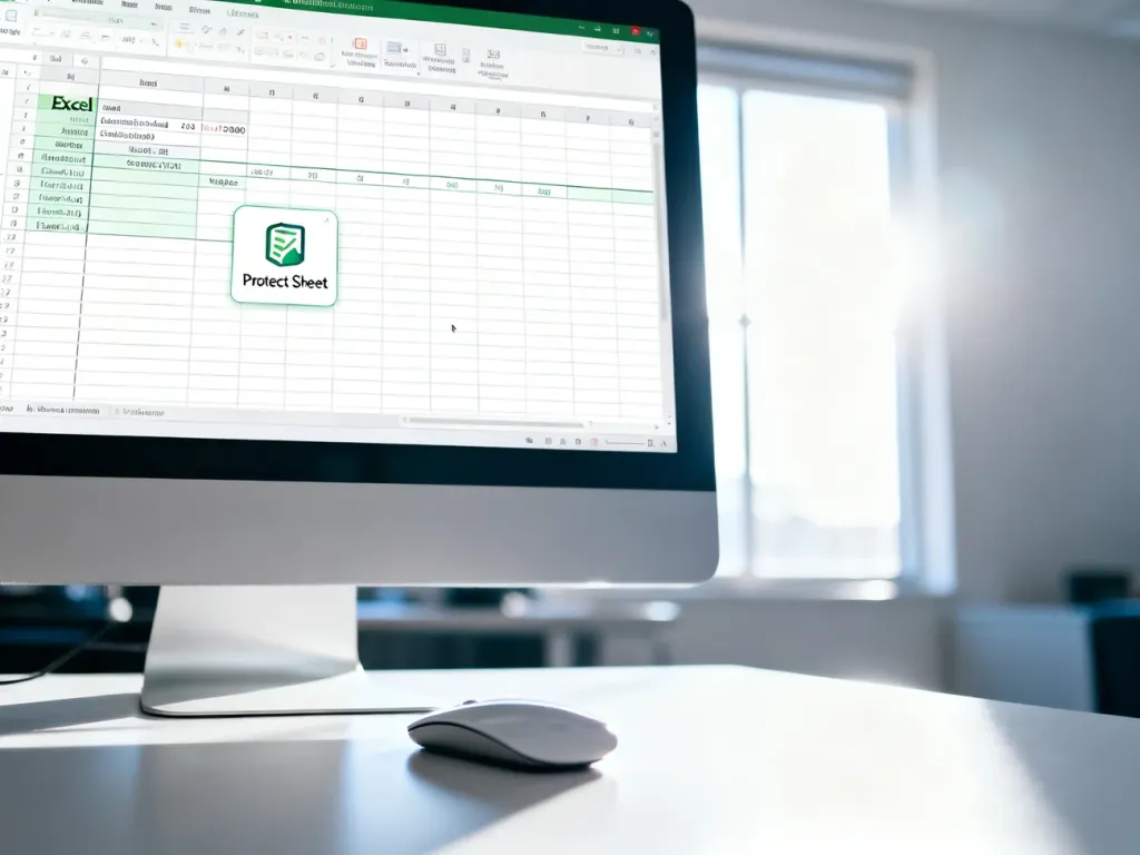 Monitor z otwartym arkuszem Excel i podświetloną ikoną ochrony arkusza na biurku w jasnym biurze.