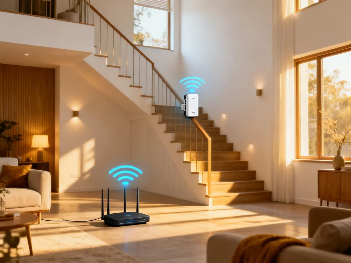 Wzmacniacz Wi-Fi ustawiony w połowie drogi między routerem a miejscem bez zasięgu