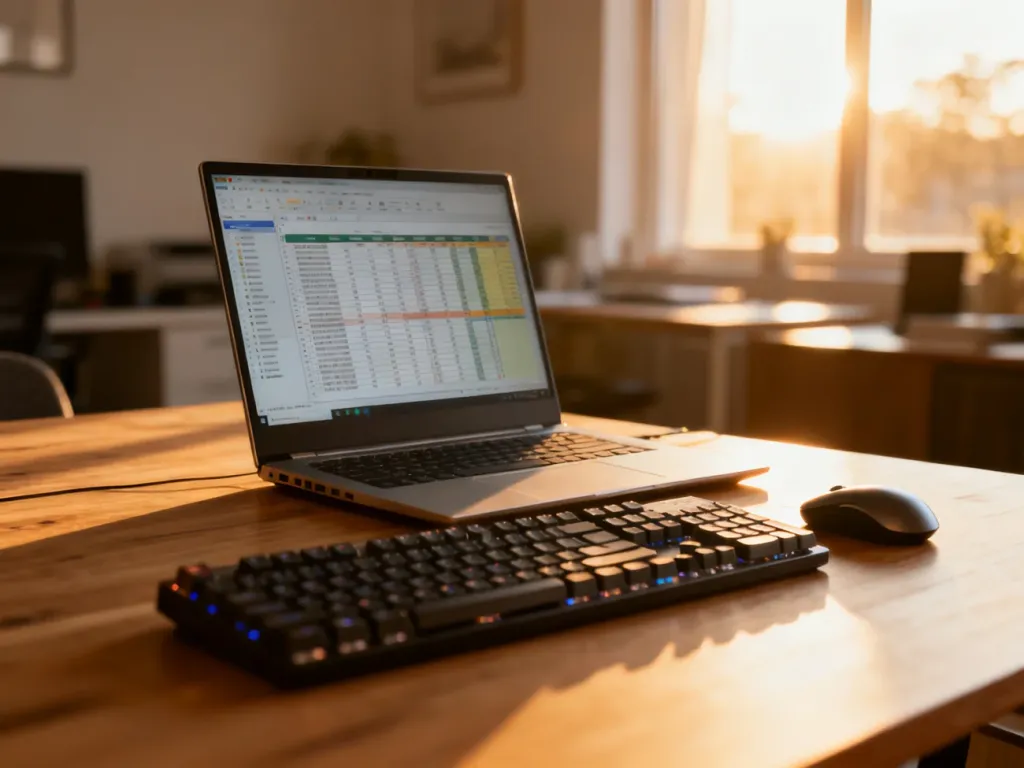 Nowoczesne stanowisko pracy z otwartym arkuszem kalkulacyjnym na laptopie, gotowe do tworzenia makr w Excel VBA.
