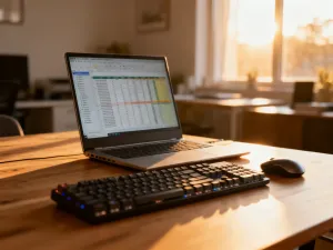 Suwak regulacji jasności na ekranie monitora w ciemnym biurze, ilustrujący proces zmiany ustawień wyświetlania w Windows.
