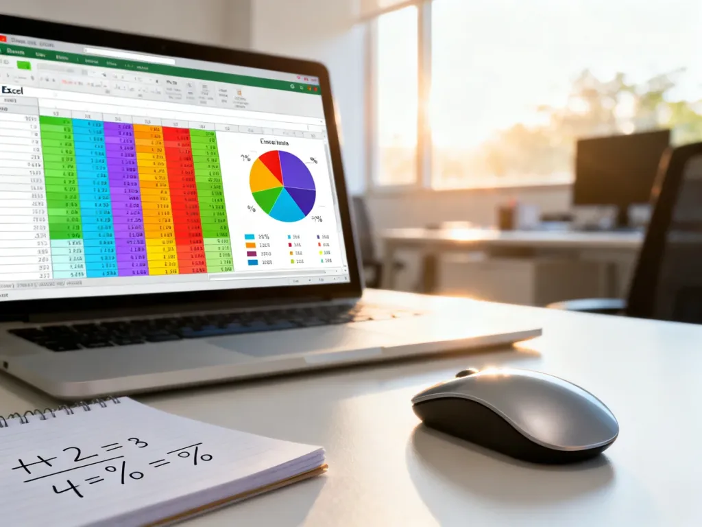 Nowoczesne stanowisko pracy z laptopem wyświetlającym arkusz Excel z danymi procentowymi i wykresami.