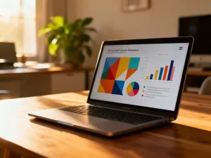 Biały router Wi-Fi na drewnianym biurku z podłączonymi kolorowymi kablami Ethernet w domowym biurze.