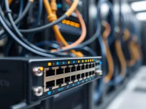 Nowoczesny router Wi-Fi 6 na biurku w minimalistycznym domowym biurze, podkreślający wydajność domowej sieci.