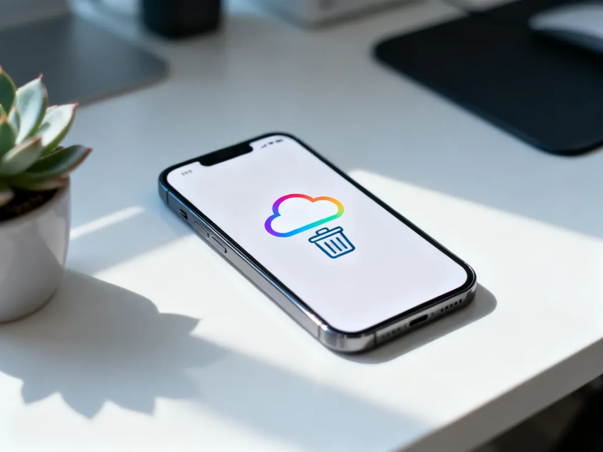 Smartfon z ikoną chmury i kosza na ekranie, symbolizujący proces usuwania plików z pamięci w chmurze.