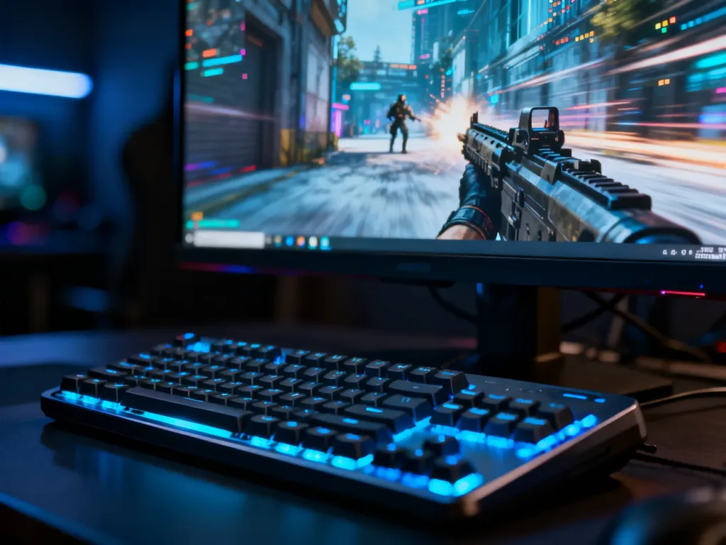 Monitor gamingowy z dynamiczną sceną z gry FPS oraz podświetlana klawiatura mechaniczna w przyciemnionym pokoju.