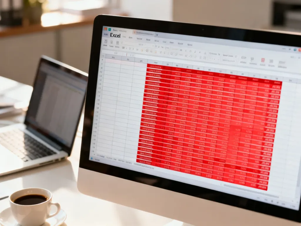 Ekran komputera z arkuszem Excel, w którym wiersze z duplikatami zostały wyróżnione czerwonym kolorem.