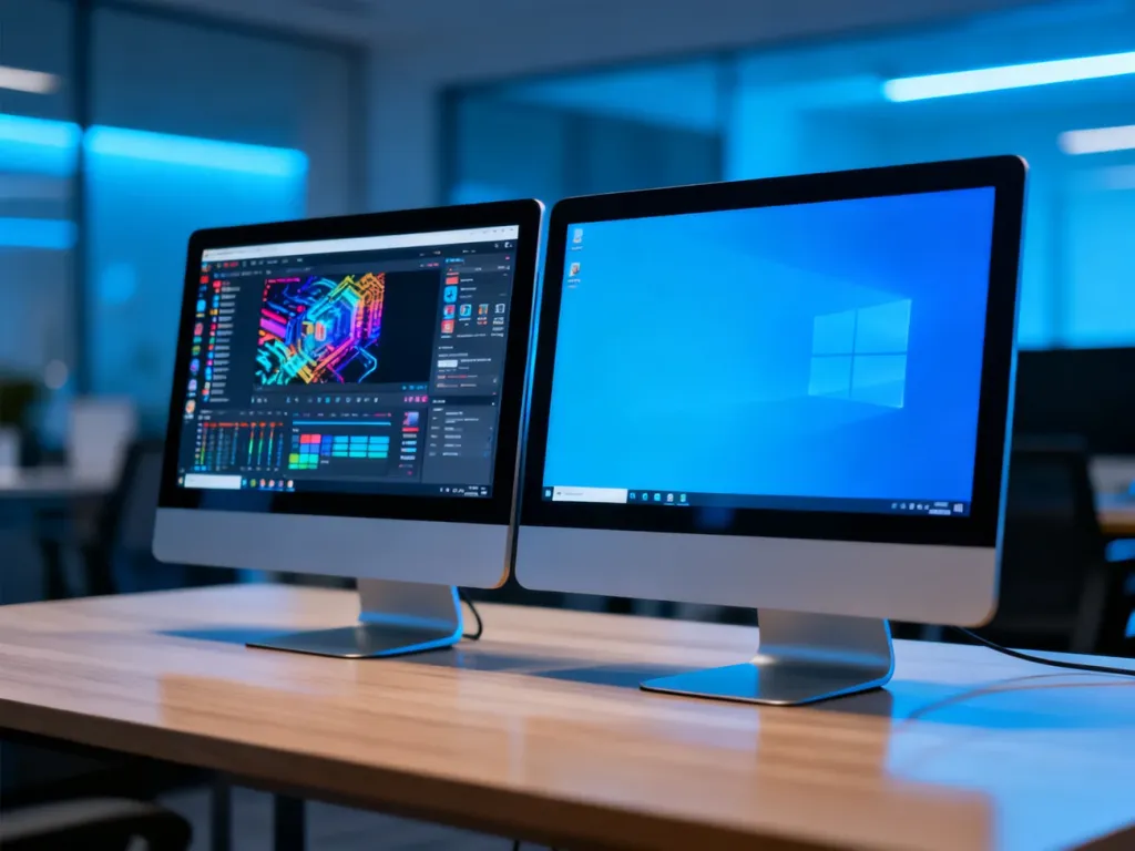 Dwa monitory na biurku prezentujące różnice w interfejsach systemów Windows 10 Pro oraz Pro N.