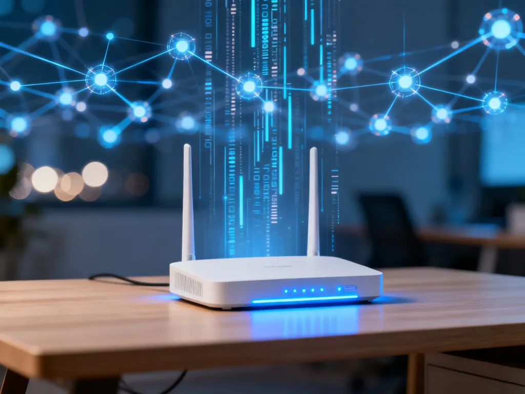 Nowoczesny router bezprzewodowy na biurku z wizualizacją cyfrowych połączeń sieciowych w tle.